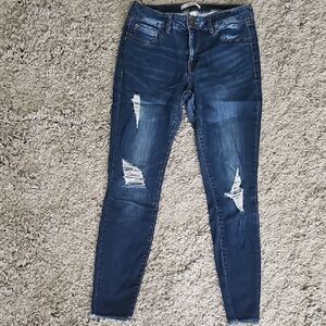 Refuge Dark Blue Distressed Skinny Jeans with Raw Hem, 8